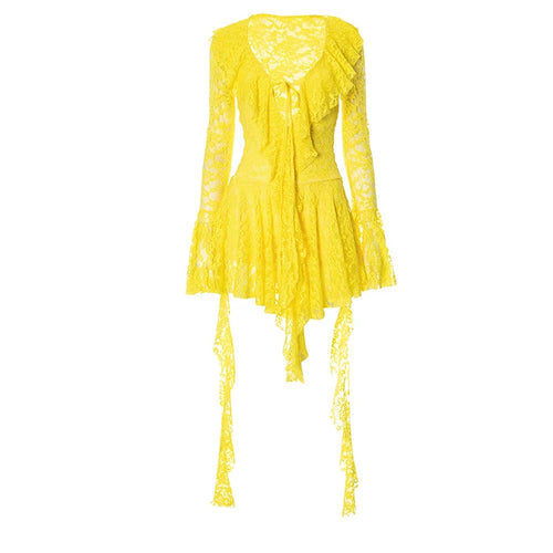 Load image into Gallery viewer, Lace Ruffled Sexy Mini Dress For Women Robe Deep V Neck Flare Long Sleeve Draped A-line Club Party Dress Vestido
