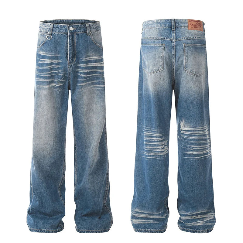 Men's Jeans New Summer Cat Whisker Washed Trendy Straight Wide Leg Stylish Gradient Color Male Causal Trousers 9W1968