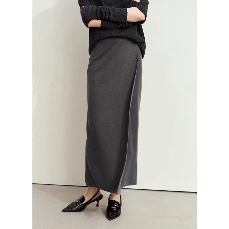 Minimalist Elegant Basics Knitted Skirts for Women 2024 Winter New Elastic Waist Straight Lady Commuter Long Skirt 12443250