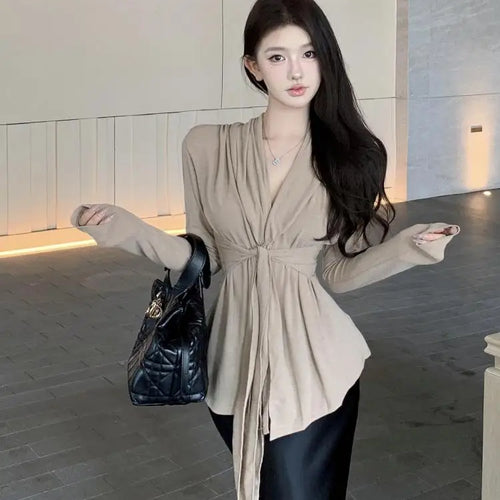 Load image into Gallery viewer, Women Black Beige V Neck Long Sleeve Bandage Pleated T Shirt Autumn Khaki Slim Casual Pullovers Tee Tops Streetwear Clothes Chic
