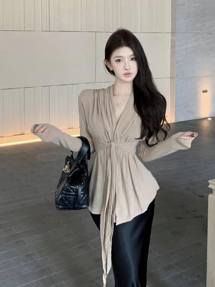 Women Black Beige V Neck Long Sleeve Bandage Pleated T Shirt Autumn Khaki Slim Casual Pullovers Tee Tops Streetwear Clothes Chic