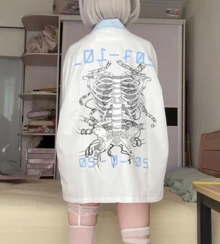 Japanese Kawaii Fashion Jacket Women Y2k Aesthetic Zipper Coat Loose Simple Coats Casual Harajuku Cartoon Skull Print Jackets