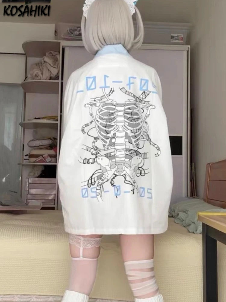 Japanese Kawaii Fashion Jacket Women Y2k Aesthetic Zipper Coat Loose Simple Coats Casual Harajuku Cartoon Skull Print Jackets