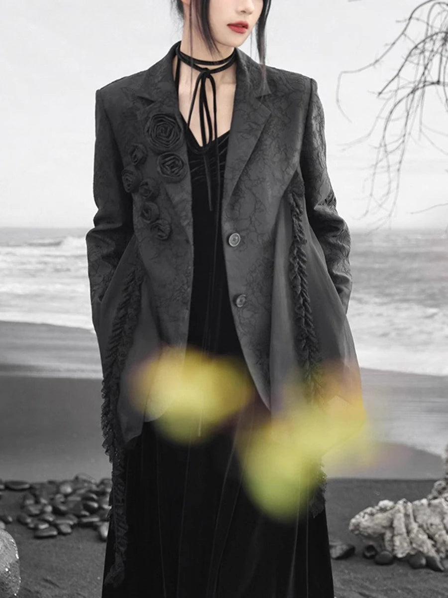 Solid Spliced Appliques Blazers For Women Lapel Long Sleeve Temperament Patchwork Button Coats Female Fashion Style