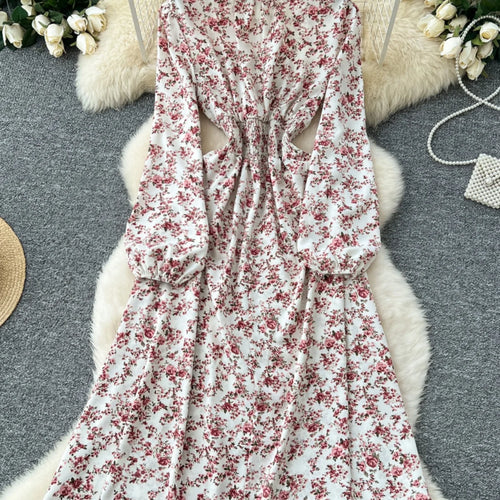 Load image into Gallery viewer, Vintage Women Elegant Pink Floral High Waist Birthday Party Dress French Long Sleeve Vacation Dress 2025 Spring Autumn Bohemian
