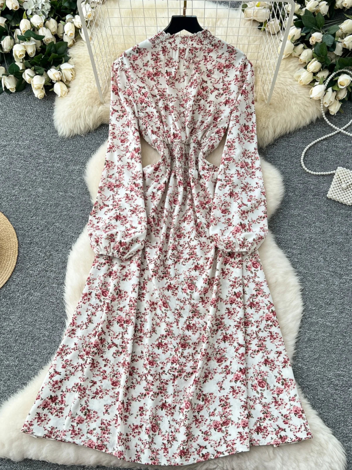 Vintage Women Elegant Pink Floral High Waist Birthday Party Dress French Long Sleeve Vacation Dress 2025 Spring Autumn Bohemian