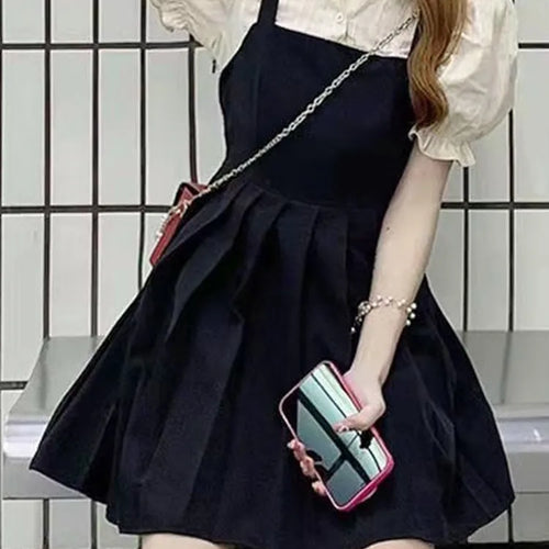 Load image into Gallery viewer, Korean Style Black Pleated Dress Women Casual Kawaii School Puff Sleeve Short Dresses Student Summer Sundress Kpop
