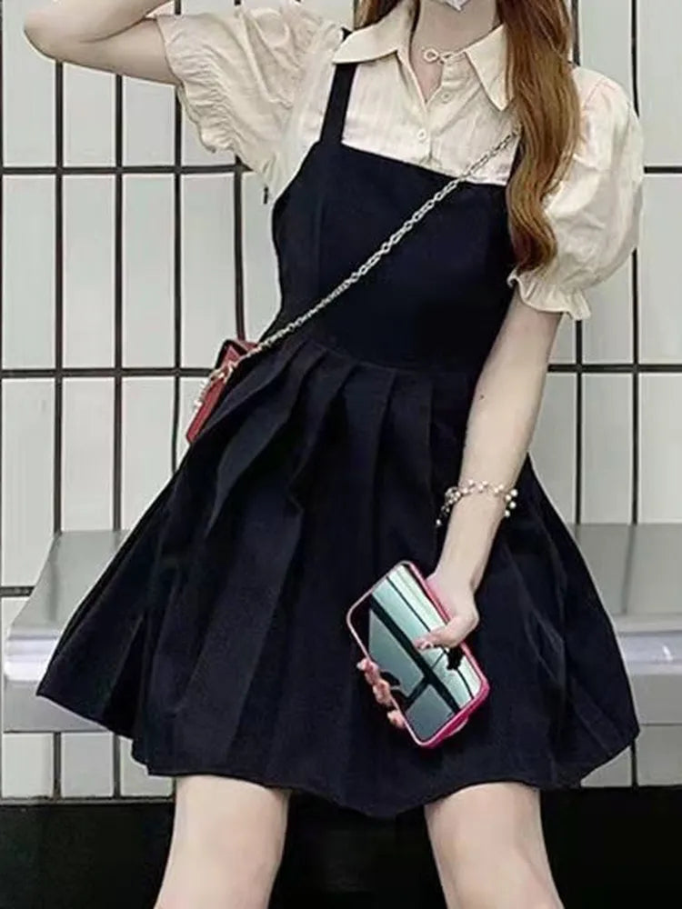 Korean Style Black Pleated Dress Women Casual Kawaii School Puff Sleeve Short Dresses Student Summer Sundress Kpop