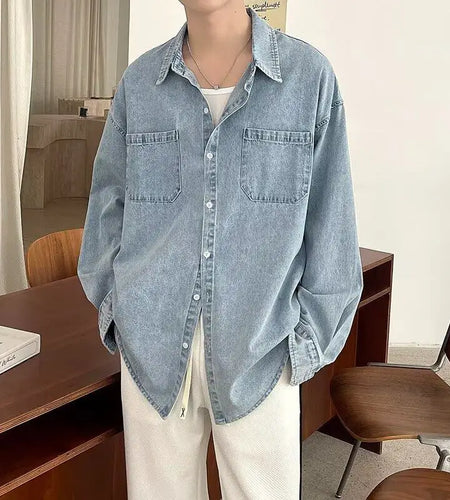 Summer Men's Denim Shirts Solid Color New Korean Tide Long Sleeved Casual Turn-down Collar Male Shirt Spring 2025 9W1215