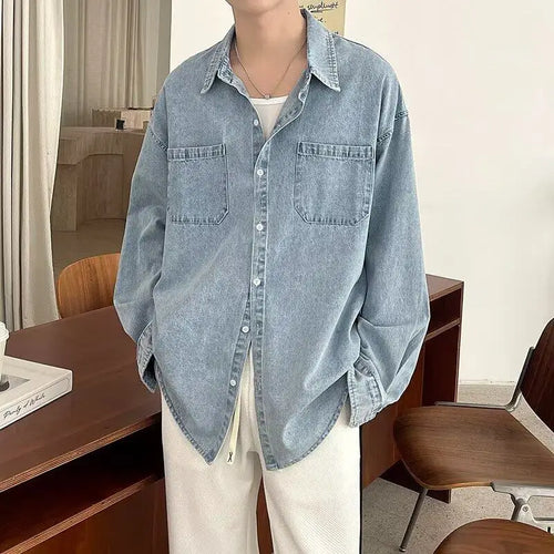 Load image into Gallery viewer, Summer Men's Denim Shirts Solid Color New Korean Tide Long Sleeved Casual Turn-down Collar Male Shirt Spring 2025 9W1215
