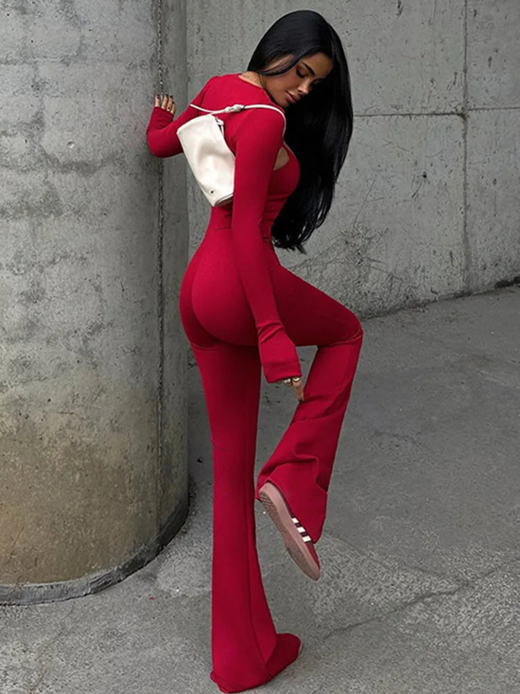Fashion Stretch Tight Long Sleeve Top Strap Jumpsuit Set For Women Sexy Hollow Out Slim Two Piece Set Winter New2025 Set