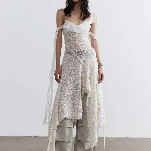 Load image into Gallery viewer, Women Beige Burr Perspective Sequins Irregular Long Spaghetti Strap Dress New Fashion Tide Spring Autumn 2025 1DH4725
