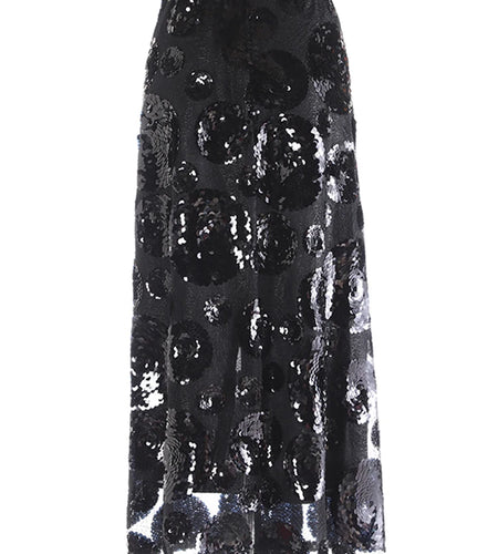 High Elastic Waist Black Sequin Floral Mesh Slit Elegant Half-body Skirt Women Fashion Tide New Spring Autumn 2025 1DJ0006
