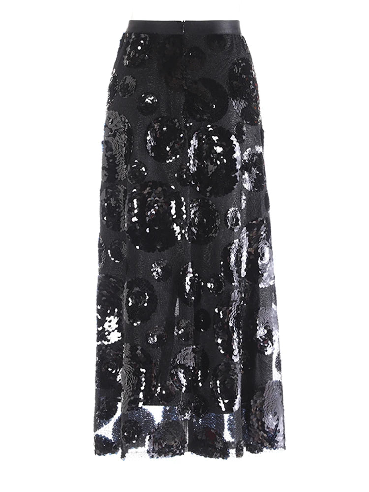 High Elastic Waist Black Sequin Floral Mesh Slit Elegant Half-body Skirt Women Fashion Tide New Spring Autumn 2025 1DJ0006