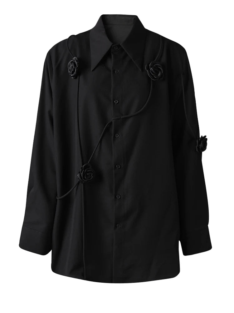 Women White 3d Flower String Big Size Elegant Blouse New Lapel Long Sleeve Shirt Fashion Tide Spring Autumn 2025 CPG3098