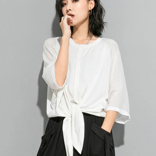 Load image into Gallery viewer, Women White Hem Bandage Big Size T-shirt New Round Neck Three-quarter Sleeve Fashion Tide Spring Autumn 2025 1DJ1828
