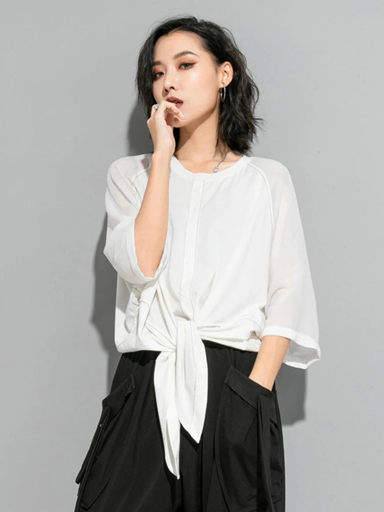 Women White Hem Bandage Big Size T-shirt New Round Neck Three-quarter Sleeve Fashion Tide Spring Autumn 2025 1DJ1828