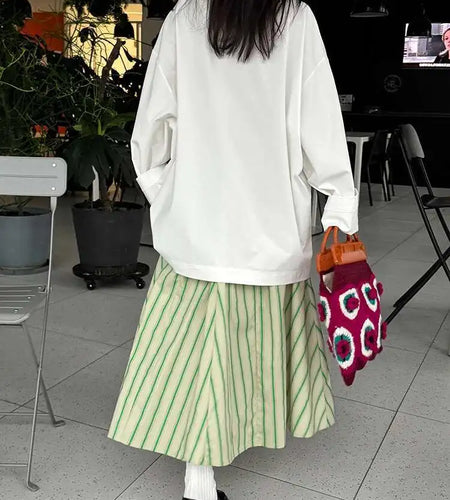 Women White Green Brief Thick Big Size Casual T-shirt New Round Neck Long Sleeve Fashion Tide Spring Autumn 2025 1DH9923