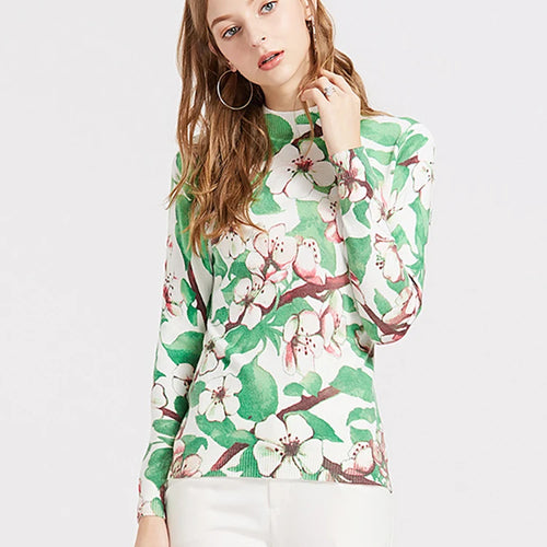 Load image into Gallery viewer, Green Floral Print Tops Fall Winter Women Mock Neck Long Sleeve Pullover Sweater Slim Stretchy Tee Casual Clothes  B-022
