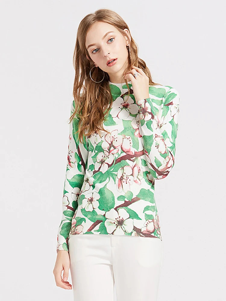 Green Floral Print Tops Fall Winter Women Mock Neck Long Sleeve Pullover Sweater Slim Stretchy Tee Casual Clothes  B-022