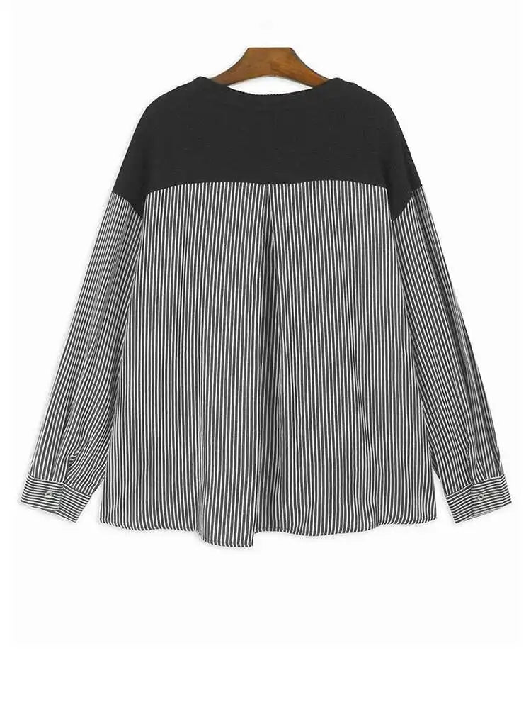 Blue Knitting Striped Irregular Sweatshirt New Round Neck Long Sleeve Women Big Size Fashion Spring Autumn 2025 1DH8043