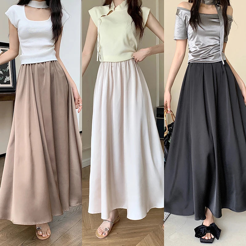 Korean Fashion Women's Elegant Sexy Pleated Long Skirt Spring Summer High Waist Vacation A-line Half Skirts 2025 Casual Ladies