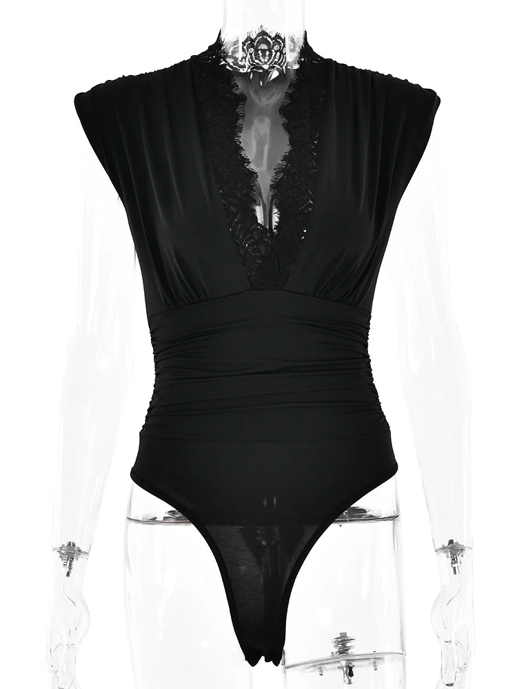 Spring/Summer Sleeveless Lace Edge Deep V Elastic Tight Bodysuit Women Slim Fit Female Bodypsuit Bodycon 2024 New