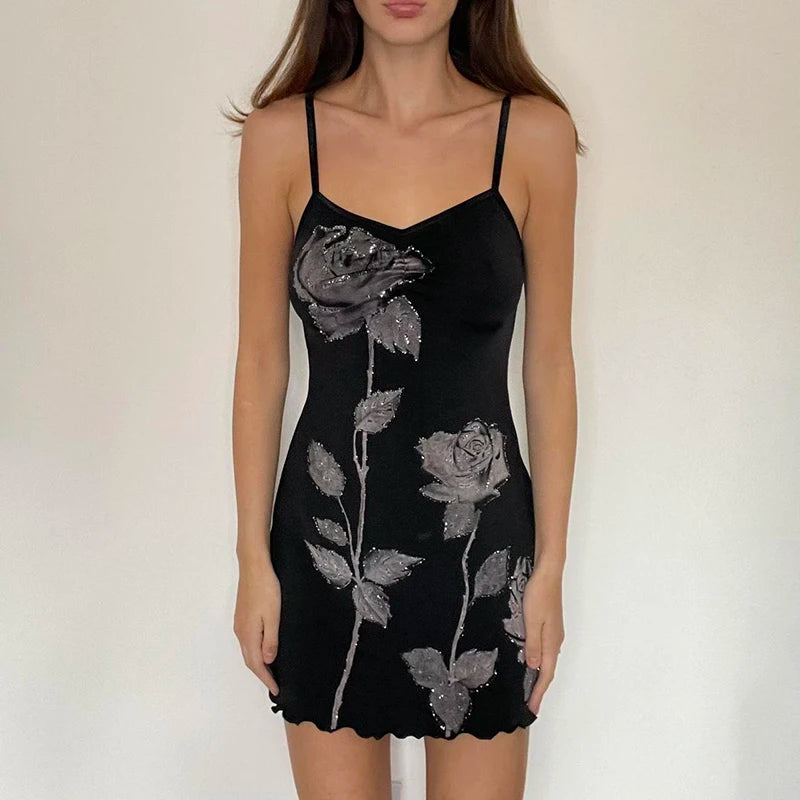 Spaghetti Strap Flowers Printed Frill Sexy Dress Fashion Elegant Club Party Summer Mini Dress Female Basic Sleeveless