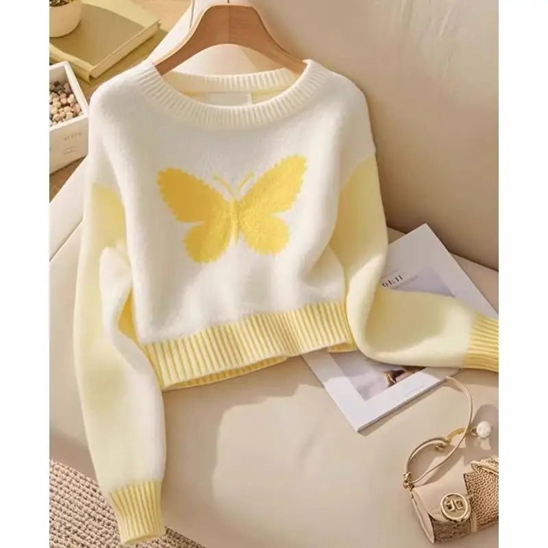 2024 New Yellow Butterfly Patchwork Round Neck Knitted Sweater Women Streetwear Autumn Winter Vintage Long Sleeve Pullover Tops