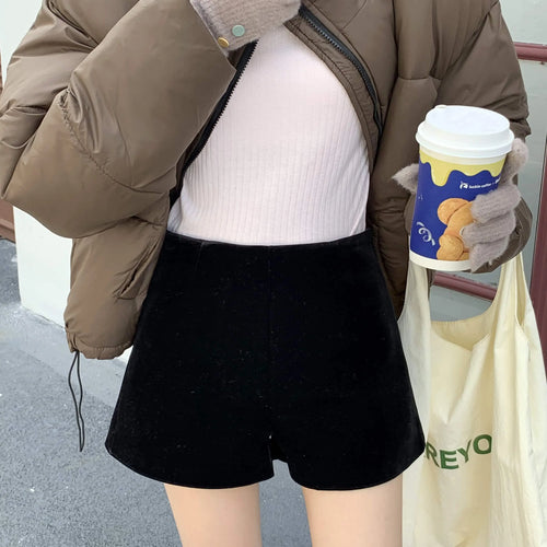 Load image into Gallery viewer, Korean Fashion Women Black High Waist Velvet Shorts Autumn And Winter Chic Lady Casual Brown Short Pant Simplicity Trend Popular
