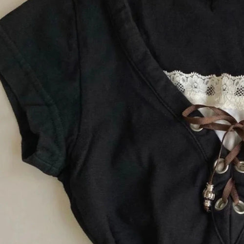 Load image into Gallery viewer, Vintage Fake Two Piece Black T-shirt Womens Harajuku Lace Patchwork Bandage Tops Streetwear Grunge Slim Fit VSummer Shirts Femme
