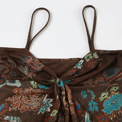 Load image into Gallery viewer, Vintage Floral Printed Mesh Camisole Women Summer Chest Fold With Tassels Chic Tops Slimming Vacation Spaghetti Strap
