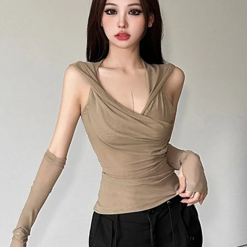 Load image into Gallery viewer, Y2k Aesthetic Sexy Streetwear Mesh Hooded Top Streetwear Sleeveless Bandage T-shirt Women Harajuku Solid Fairy Grunge Tee Shirts
