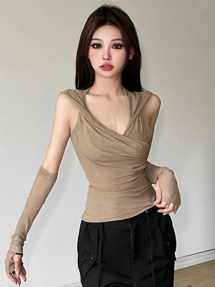 Y2k Aesthetic Sexy Streetwear Mesh Hooded Top Streetwear Sleeveless Bandage T-shirt Women Harajuku Solid Fairy Grunge Tee Shirts