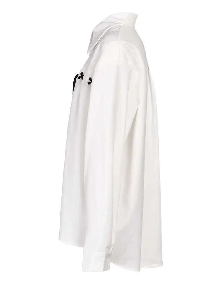 Women White Bandage Big Size Casual  Blouse New Lapel Long Sleeve Loose Fit Shirt Fashion Tide Spring Autumn 2025 1DF9108