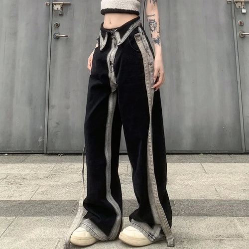 Load image into Gallery viewer, Streetwear Halo Dyeing Vintage Y2K Female Jeans Ribbon Aesthetic Baggy Straight Denim Trousers Gothic Turn-Down Waist
