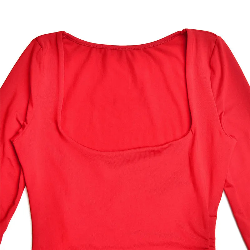 Long Sleeve Ruched High Split Maxi Dress Women Square Collar Drawstring Bodycon Sexy Party Long Dress Elegant Autumn