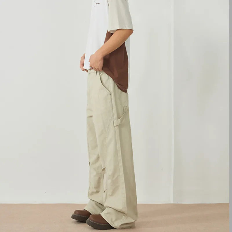 Men's Cargo Pants New American Style Folding Design Silhouette Micro Flared Niche Trendy Soldi Color Male Bottoms 9W1897