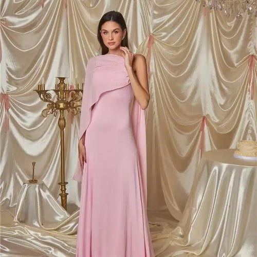 Load image into Gallery viewer, Pink Cape Sleeve Sexy Maxi Dress For Women Off-shoulder Backless Gown Elegant Skew Collar Lace-up Long Dress Vestido
