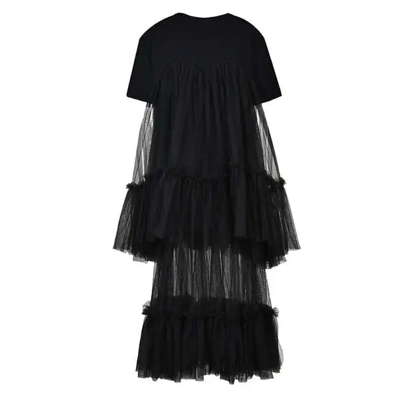 Women Black Layers Mesh Long Big Size Dress New Round Neck Short Sleeve Loose Fit Fashion Tide Spring Summer 2025 16R3054