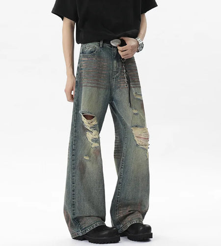 Hole Worn-out Male Jeans New Spring Splashing Ink Sparkling American Hign Street Distressed Men's Denim Pants 9W1529
