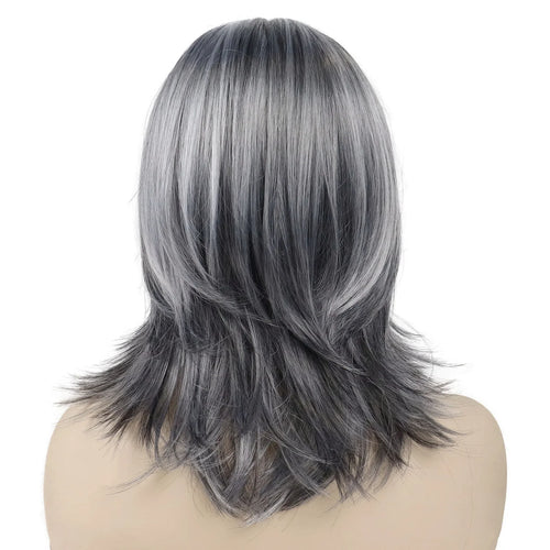 Load image into Gallery viewer, Synthetic Wigs for Women Long Hair Old Lady Wig Layered Hair with Curtain Bangs Mix Grey Color Natural Wigs for Daily
