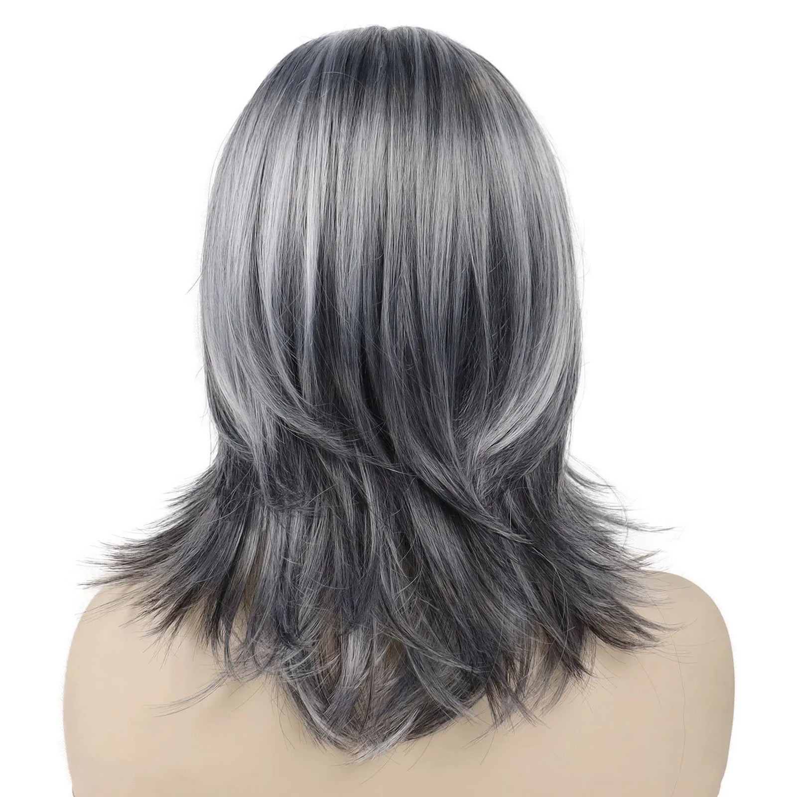 Synthetic Wigs for Women Long Hair Old Lady Wig Layered Hair with Curtain Bangs Mix Grey Color Natural Wigs for Daily