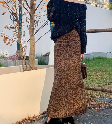French Vintage Women Brown Leopard Print Elegant High Waist Versatile Long Skirt 2024 Autumn Winter Fishtail Wrap Hip Skirt Chic