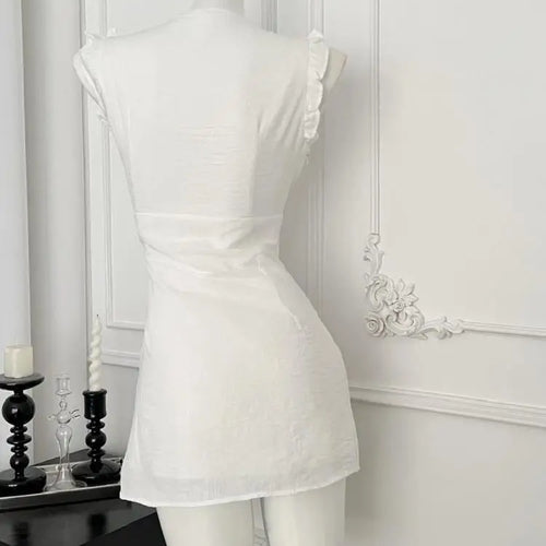 Load image into Gallery viewer, French Vintage Women's White Flower V Neck Elegant Holiday Short Vest Dress Summer Brown Sleeveless Ruffles Party Dress New Chic
