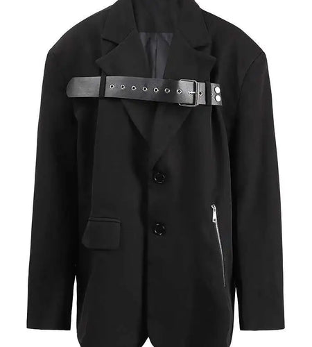 Women Black Leather Buckle Big Size Elegant Blazer New Lapel Long Sleeve Jacket Fashion Tide Spring Autumn 2025 CPG1275