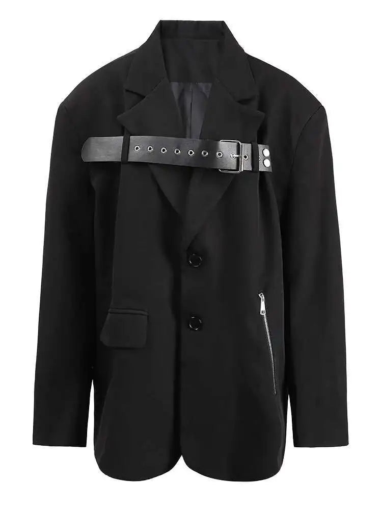 Women Black Leather Buckle Big Size Elegant Blazer New Lapel Long Sleeve Jacket Fashion Tide Spring Autumn 2025 CPG1275