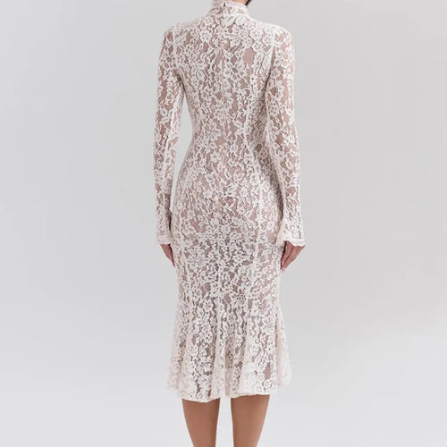 Load image into Gallery viewer, Elegant Lace Long Sleeve Bodycon Party Evening Dress Women 2025 New Autumn/Winter Tight Half High Neck Fishtail Dress
