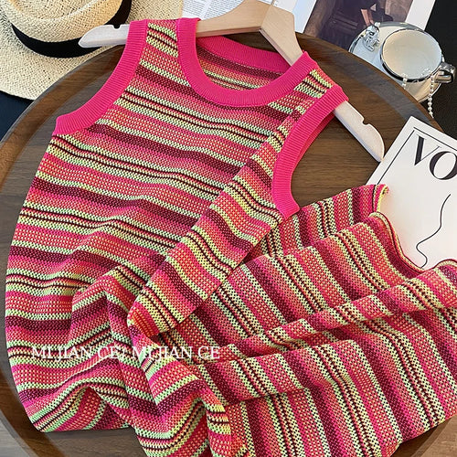 Load image into Gallery viewer, Korean Fashion Summer Pink Striped Patchwork Elegant Round Neck Slim Vest Long Dresses For Women Sleeveless Sexy Chic Dress 2025

