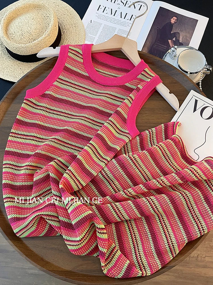 Korean Fashion Summer Pink Striped Patchwork Elegant Round Neck Slim Vest Long Dresses For Women Sleeveless Sexy Chic Dress 2025